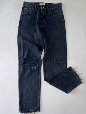 AGOLDE 90s Pinch Waist High Rise Straight Jeans 28 Blue Black Raw Hem Distressed